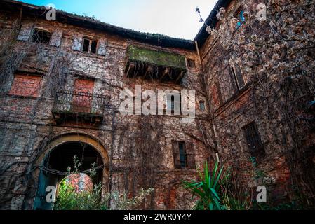 Casa in cortile interno sull'Alzaia Naviglio grande nella vecchia Milano, rovina, fatiscente. Italia. Adornata e ricoperta di edera e viti. Italia Foto Stock