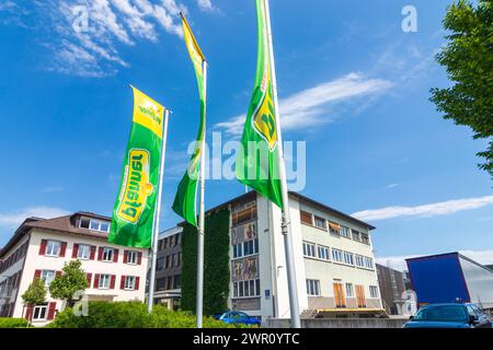 Lauterach: Hermann Pfanner Getränke GmbH, produttore di bevande, edificio dell'azienda vinicola Pfanner a Bodensee (Lago di Costanza), Vorarlberg, Austria Foto Stock