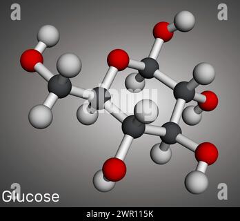 Glucosio, destrosio, molecola D-glucosio. Modello molecolare. Rendering 3D. Illustrazione Foto Stock