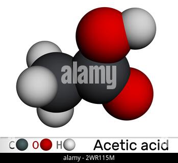 Acido acetico, acido etanoico, molecola CH3COOH. Modello molecolare. Rendering 3D. Illustrazione Foto Stock