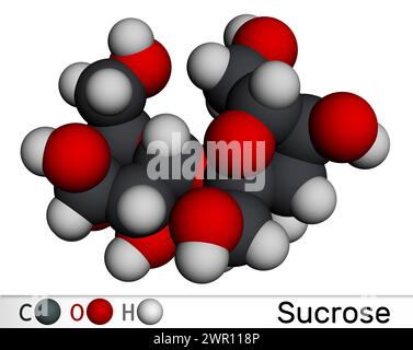 Molecola di zucchero saccarosio. Modello molecolare. Rendering 3D. Illustrazione Foto Stock