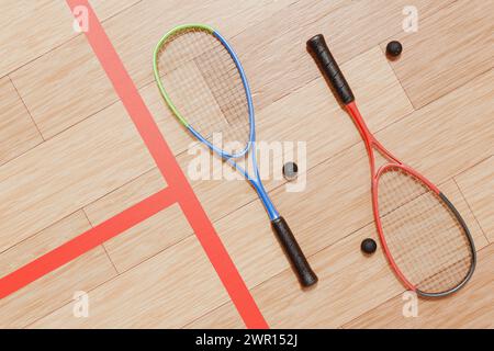 Racchette da squash e palle si trovano sul pavimento in parquet del campo. Rendering 3D. Foto Stock