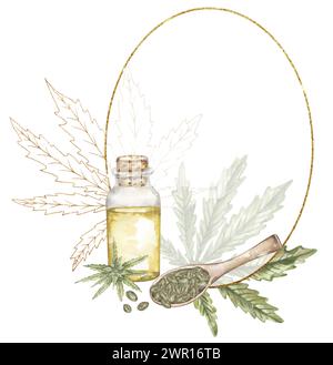 Illustrazione della corona di olio e semi di Cannabis acquerello, bottiglia di olio di marijuana con foglie, clipart, clip art per farmaci terapeutici naturali dipinte a mano, medi Foto Stock