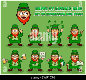 Happy St Patrick's Days con serie di espressioni pose personaggi animati. Illustrazioni vettoriali Illustrazione Vettoriale