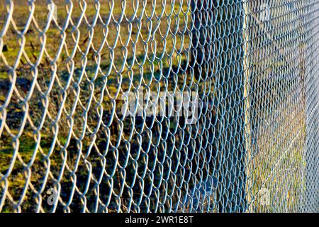 Schema ravvicinato costituito dalla rete di interconnessione di una recinzione a maglie a catena che circonda un pezzo di terra abbandonata. Foto Stock
