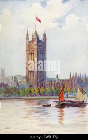 La Victoria Tower del Palazzo di Westminster, vista dall'altra parte del Tamigi, c1928. Fu progettato da Charles Barry (1795-1860), in stile gotico perpendicolare e fu completato nel 1860. Foto Stock