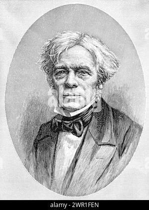 Michael Faraday (1791-1867). Dopo John Watkins (1823-1874). Faraday è stato uno scienziato inglese che ha contribuito allo studio dell'elettromagnetismo e dell'elettrochimica. Le sue principali scoperte includono i principi alla base dell'induzione elettromagnetica, il diamagnetismo e l'elettrolisi. Foto Stock