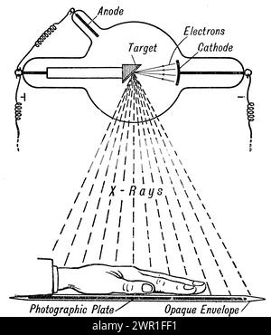 Un diagramma di un tubo di Crookes. Un tubo di Crookes è un tubo sperimentale a scarica elettrica, con vuoto parziale, inventato dal fisico inglese William Crookes (1832-1919) e altri intorno al 1869-1875, in cui sono stati scoperti raggi catodici, flussi di elettroni. Wilhelm Röntgen (1845-1923), scoprì i raggi X usando il tubo di Crookes nel 1895. Foto Stock