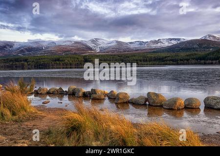 Loch Morlich è un lago d'acqua dolce situato nell'area di Badenoch e Strathspey delle Highland, in Scozia, vicino ad Aviemore. Foto Stock