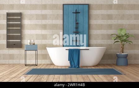 Bagno dal design elegante e contemporaneo con vasca, doccia e dettagli blu, rendering 3d. Foto Stock