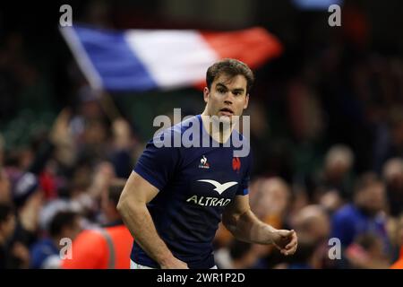 Cardiff, Regno Unito. 10 marzo 2024. Damien Penaud di Francia guarda avanti. Partita del campionato del Guinness Six Nations 2024, Galles contro Francia al Principality Stadium di Cardiff domenica 10 marzo 2024. foto di Andrew Orchard/Andrew Orchard Sports Photography/ Alamy Live News Credit: Andrew Orchard Sports Photography/Alamy Live News Foto Stock