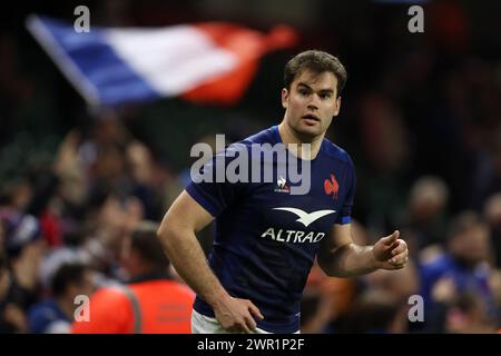 Cardiff, Regno Unito. 10 marzo 2024. Damien Penaud di Francia guarda avanti. Partita del campionato del Guinness Six Nations 2024, Galles contro Francia al Principality Stadium di Cardiff domenica 10 marzo 2024. foto di Andrew Orchard/Andrew Orchard Sports Photography/ Alamy Live News Credit: Andrew Orchard Sports Photography/Alamy Live News Foto Stock