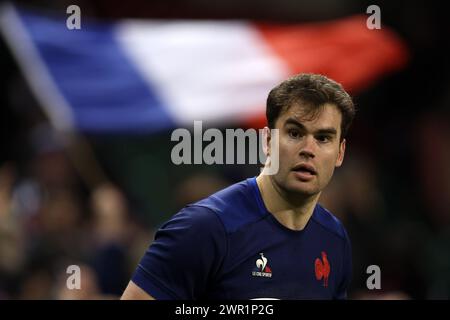 Cardiff, Regno Unito. 10 marzo 2024. Damien Penaud di Francia guarda avanti. Partita del campionato del Guinness Six Nations 2024, Galles contro Francia al Principality Stadium di Cardiff domenica 10 marzo 2024. foto di Andrew Orchard/Andrew Orchard Sports Photography/ Alamy Live News Credit: Andrew Orchard Sports Photography/Alamy Live News Foto Stock