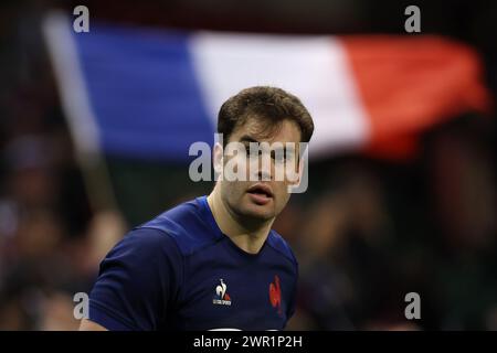 Cardiff, Regno Unito. 10 marzo 2024. Damien Penaud di Francia guarda avanti. Partita del campionato del Guinness Six Nations 2024, Galles contro Francia al Principality Stadium di Cardiff domenica 10 marzo 2024. foto di Andrew Orchard/Andrew Orchard Sports Photography/ Alamy Live News Credit: Andrew Orchard Sports Photography/Alamy Live News Foto Stock