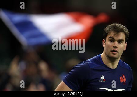 Cardiff, Regno Unito. 10 marzo 2024. Damien Penaud di Francia guarda avanti. Partita del campionato del Guinness Six Nations 2024, Galles contro Francia al Principality Stadium di Cardiff domenica 10 marzo 2024. foto di Andrew Orchard/Andrew Orchard Sports Photography/ Alamy Live News Credit: Andrew Orchard Sports Photography/Alamy Live News Foto Stock