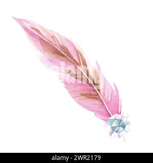 Composizione acquerello da piume rosa pallido e cristallo isolato su sfondo bianco. Illustrazione disegnata a mano. Elemento di design per decorazione, sogno Foto Stock