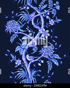 Modello chinoiserie senza cuciture con rami, fiori e uccelli. Vettore. Illustrazione Vettoriale
