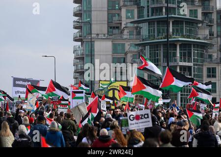 Manifestanti in una marcia a favore della Palestina, che chiedono un cessate il fuoco dell’offensiva militare in corso a Gaza da parte delle forze di difesa israeliane. La marcia è iniziata a. Foto Stock