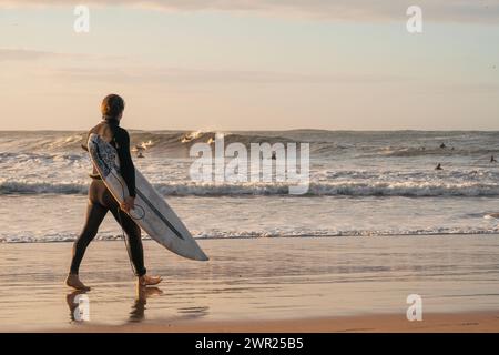 Esperto surfista maschile in muta nera che entra nell'acqua del mare per fare surf con il suo gruppo Foto Stock