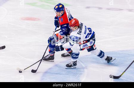 Testspiel ZSC Lions Schwenninger Wild Wings: Zweikampf zwischen ZSC Lions Stürmer #19 Reto Schäppi und Schwenningen Verteidiger #64 Boaz Bassen. (Züri Foto Stock