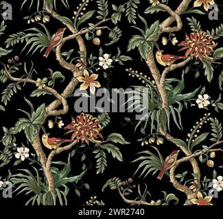Modello chinoiserie senza cuciture con rami, fiori e uccelli. Vettore. Illustrazione Vettoriale