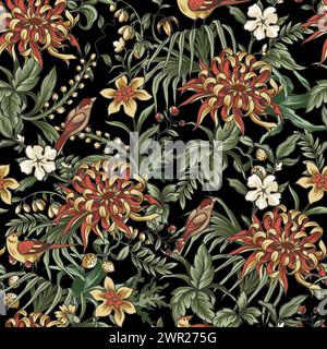 Modello chinoiserie senza cuciture con rami, fiori e uccelli. Vettore Illustrazione Vettoriale