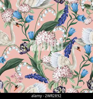 Motivo sensibile senza cuciture con cigno e fiori. Vettore. Illustrazione Vettoriale