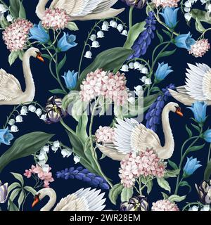 Motivo sensibile senza cuciture con cigno e fiori. Vettore. Illustrazione Vettoriale