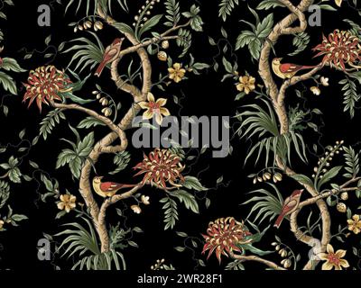 Modello chinoiserie senza cuciture con rami, fiori e uccelli. Vettore. Illustrazione Vettoriale