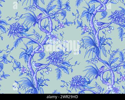 Modello chinoiserie senza cuciture con rami, fiori e uccelli. Vettore Illustrazione Vettoriale