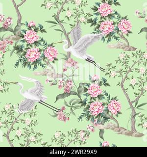 Chinoiserie senza cuciture con alberi di peonie e herond. Vettore. Illustrazione Vettoriale