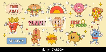 Personaggi del fast food. Ottimi adesivi e divertenti hamburger, hot dog e pizza a fette. Design cartoni animati in stile retrò per un ristorante o un caffè alla moda Illustrazione Vettoriale