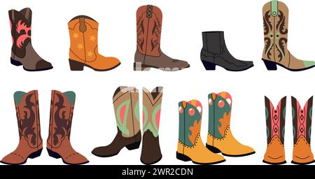 Stivali da cowboy. Stivale alla moda Wild West con elementi decorativi. Scarpe eleganti da cowgirl, accessori in stile western cartoni animati collezione vettoriale decente Illustrazione Vettoriale