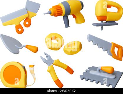 Strumenti 3d di ricostruzione e riparazione. Le attrezzature da costruzione isolavano elementi realistici. Metro a nastro, cazzuola e sega a mano. Pinze e chiavi pithy Illustrazione Vettoriale