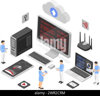 Tecnologie cloud isometriche. Processo di lavoro digitale, piccole persone e computer giganti, monitor e smartphone. Concetto di storage dei dati, vettore impeccabile Illustrazione Vettoriale
