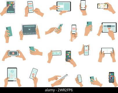 Mani che tengono lo smartphone. Le persone hanno a disposizione gadget immagini vettoriali recenti di diversi dispositivi mobili Illustrazione Vettoriale