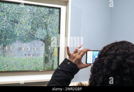 Vienna, Austria. 25 febbraio 2024. Un visitatore scatta foto di Gustav Klimt, fattoria in alta Austria, 1911. Museo del Belvedere situato in un palazzo di proprietà della famiglia imperiale dell'impero austriaco. Ora nell'edificio del Belvedere superiore si trova il famoso museo d'arte. (Foto di Igor Golovniov/SOPA Images/Sipa USA) credito: SIPA USA/Alamy Live News Foto Stock