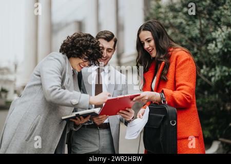 I soci aziendali si sono impegnati in una vivace discussione all'aperto Foto Stock