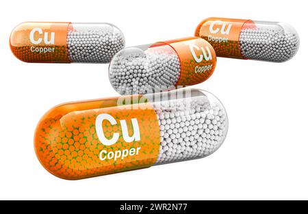 Capsule con rame Cu, rendering 3D isolato su sfondo bianco Foto Stock