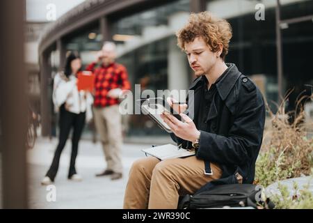 Imprenditori in una riunione informale all'aperto, discutendo su un tablet digitale Foto Stock