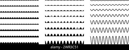 Bordi ondulati, strisce di capesante, linee ondulate, tratti ondulati, pennelli ondulati isolati su sfondo bianco. Ripetizione curvata senza cuciture. Elementi decorativi delle forme d'onda. Illustrazione grafica vettoriale. Illustrazione Vettoriale