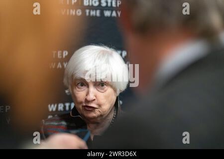 Primo piano ritratto di Janet Yellen, Segretario al Tesoro degli Stati Uniti Foto Stock