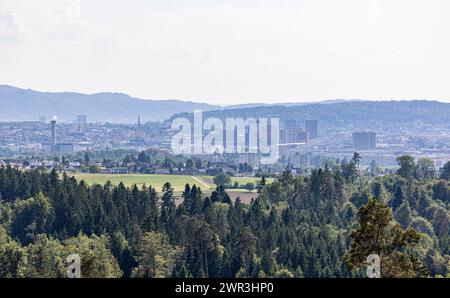 Blick von der 38,9 Meter hohe Aussichtsplattform des Hardwald a Richtung Zürich-Oerlikon. (Dietlikon, Schweiz, 01.06.2023) Foto Stock