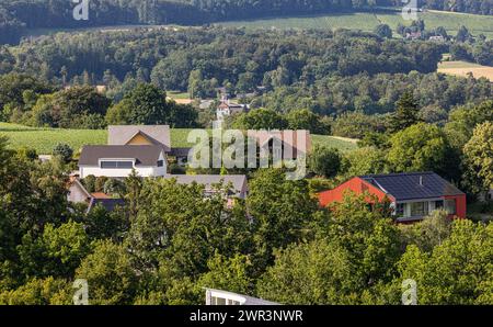 Eine Siedlung von Einfamilienhäuser in Rüdlingen-Buchberg im Kanton Schaffhausen. Einige der Häuser haben Solarzellen auf den Hausdächern. (Rüdlingen, Foto Stock