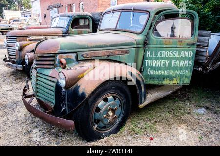 Vecchi camion arruolati a Sprague, Washington, Stati Uniti, nella parte orientale dello stato di Washington, nel Pacifico nord-occidentale. Foto Stock