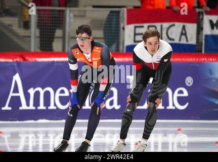 Jenning de Boo (NED) in azione sui 500m maschili durante l'ISU World Speed Skating Allround e Sprint Championships il 7 marzo 2024 alla Max Aicher Arena di Inzell, Germania crediti: SCS/Soenar Chamid/AFLO/Alamy Live News Foto Stock