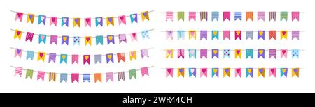 Celebra il set di cartoni animati di bunting Garlands. Festa di compleanno, bandiere per l'anniversario di San Valentino sfondo bianco isolato. Illustrazione vettoriale dell'elemento decorativo del bordo dell'anniversario di Natale Illustrazione Vettoriale