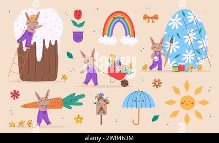 Set di simpatici conigli per il giorno di Pasqua. Illustrazione vettoriale per Pasqua. Coniglietto con uova e torta natalizie, carriola con fiori Illustrazione Vettoriale