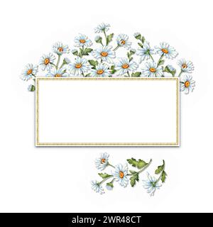 Illustrazione ad acquerello di un mazzo di margherite bianche con spazio rettangolare per il testo. Festival del raccolto. Composizioni di fiori di prato per matrimoni, Foto Stock