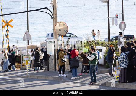 I turisti stanno scattando foto intorno all'attraversamento ferroviario alla stazione Kamakura Kokomae di Enoden nella città di Fujisawa, prefettura di Kanagawa il 28 febbraio 2024. Questo attraversamento ferroviario è presente nella famosa serie anime giapponese "Slam Dunk". E' una popolare destinazione turistica per turisti nazionali e stranieri da visitare e scattare foto. Tuttavia, a causa del gran numero di turisti in visita, il treno di Enoden è diventato estremamente affollato e i residenti che vivono lungo la linea sono stati colpiti dal problema dell'overturismo. Crediti: Yosuke Tanaka/AFLO/Alamy Live News Foto Stock